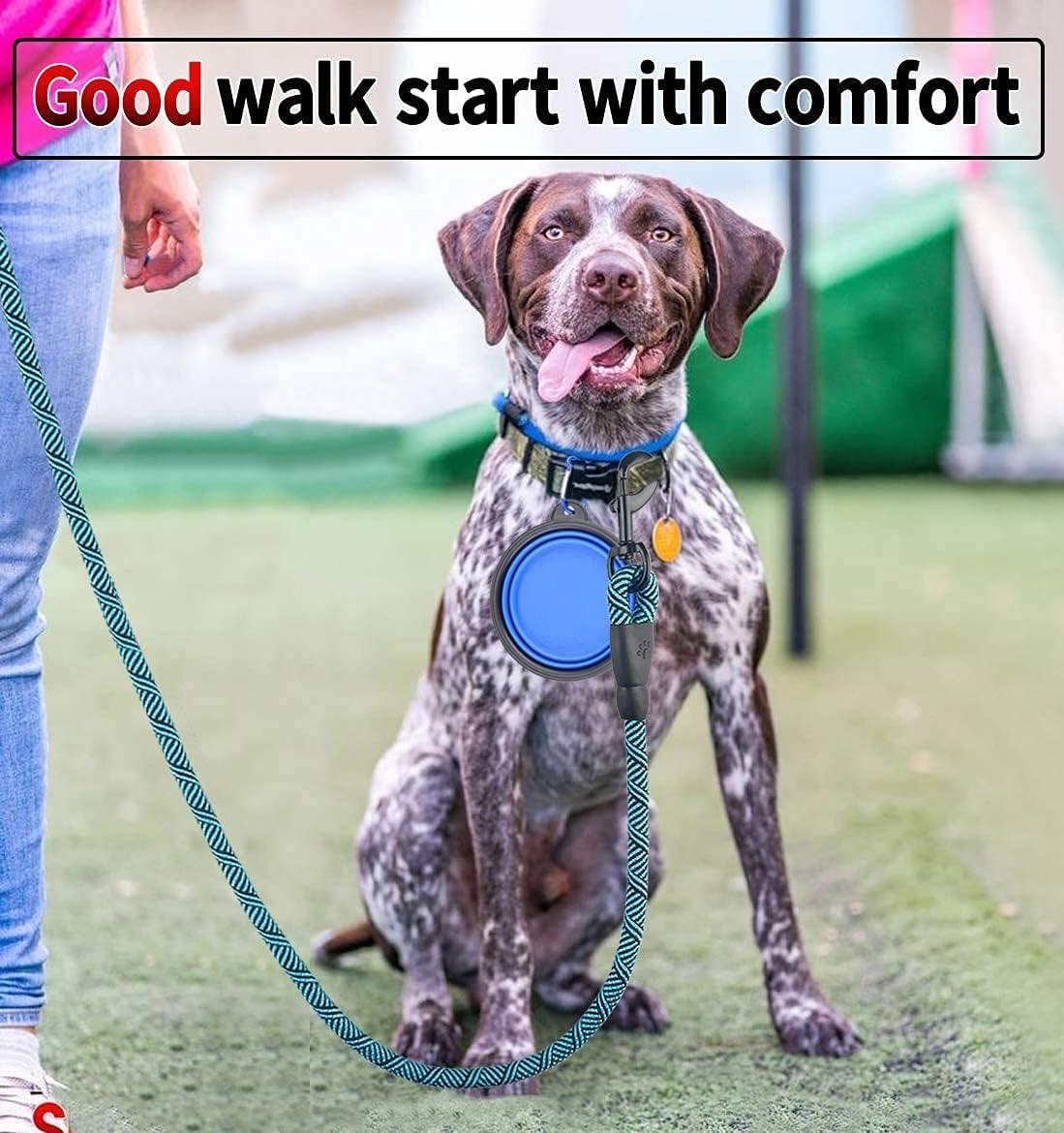 10FT Durable Dog Leash - Non-Reflective, Comfortable Handle, with Bowl & Bags (Blue)