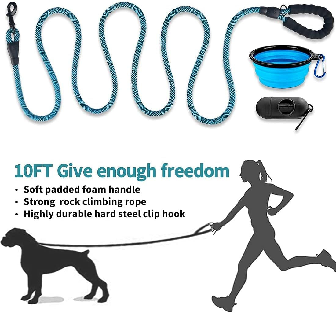 10FT Durable Dog Leash - Non-Reflective, Comfortable Handle, with Bowl & Bags (Blue)