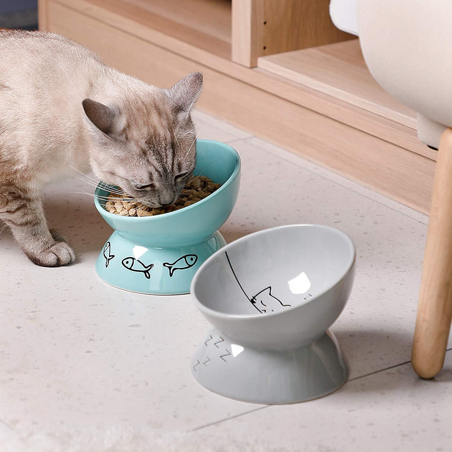 Elevated Ceramic Cat Bowl - Slanted, 10 Oz, Dishwasher Safe (Grey)