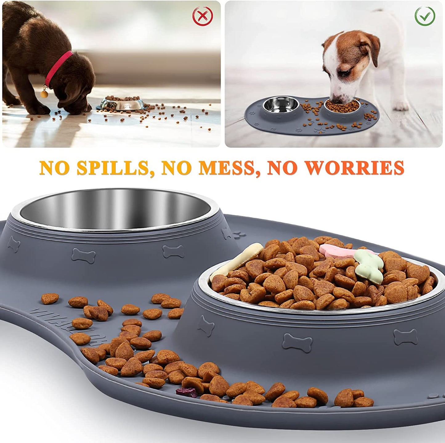 Dog Bowls Set, Double Stainless Steel Feeder Bowls and Wider Non Skid Spill Proof Silicone Mat Pet Puppy Cats Dogs Bowl, Grey