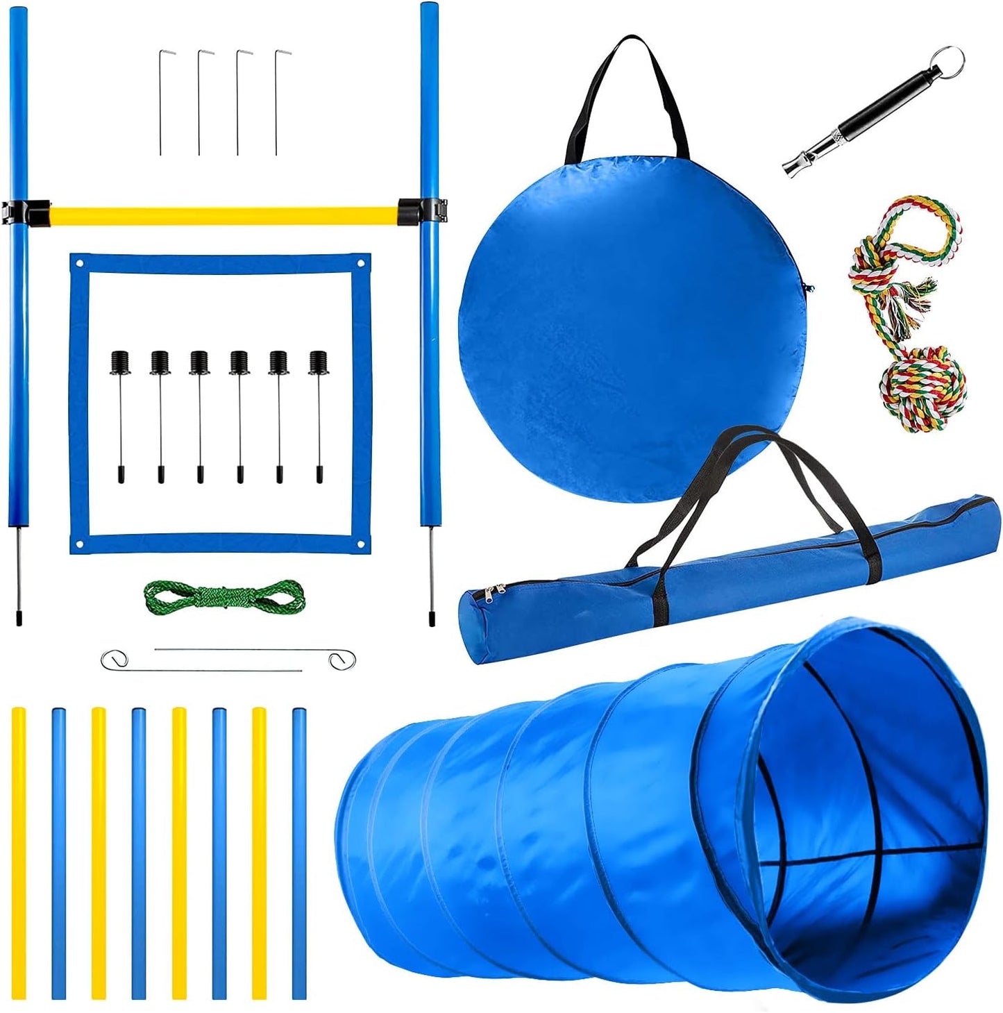 Dog Agility Training Equipment, 28 Piece Dog Obstacle Course, Training and Interactive Play Includes Dog Tunnel, Adjustable Hurdles, Poles, Whistle, Rope Toy with Carrying Case