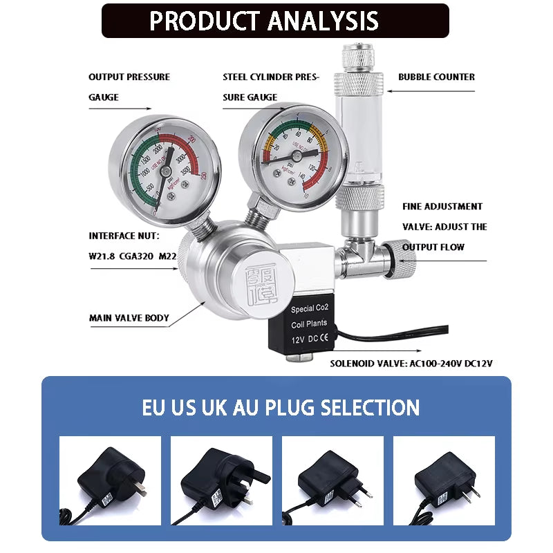 DIY Aquarium CO2 Regulator Solenoid Valve Kit Check Valve Fish Tank CO2 Control Pressure System Cylinder Pressure Reducing Valve