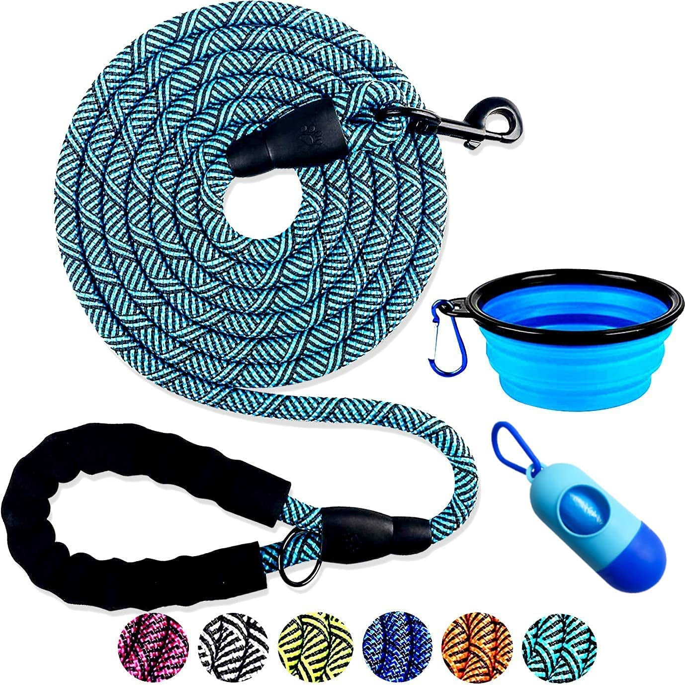 10FT Durable Dog Leash - Non-Reflective, Comfortable Handle, with Bowl & Bags (Blue)